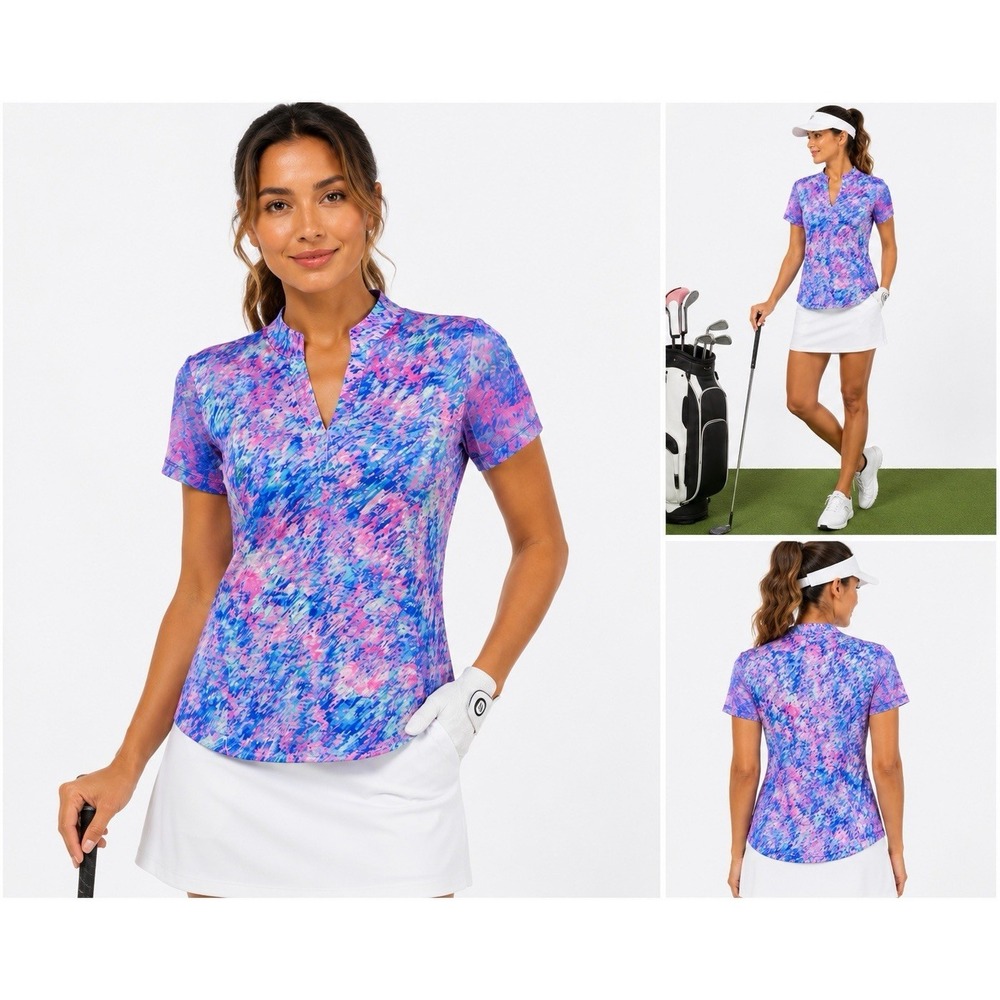 EP Pro Women Golf Polo Shirt Medium Pink Blue Abstract Print Performance Stretch
